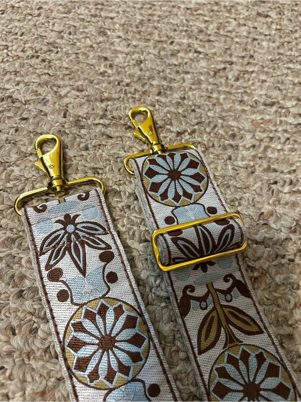 Adjustable Floral Canvas Bag Strap with Gold Hardware - Brown & Light Blue